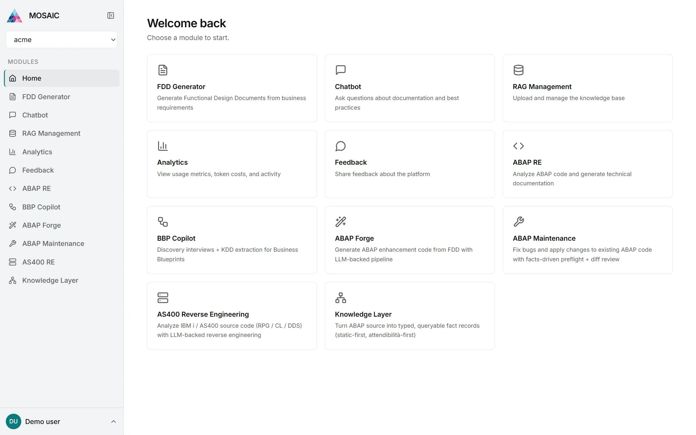 La home di MOSAIC su un ambiente demo: la griglia dei moduli, da FDD Generator e Chatbot ad ABAP Forge e Knowledge Layer